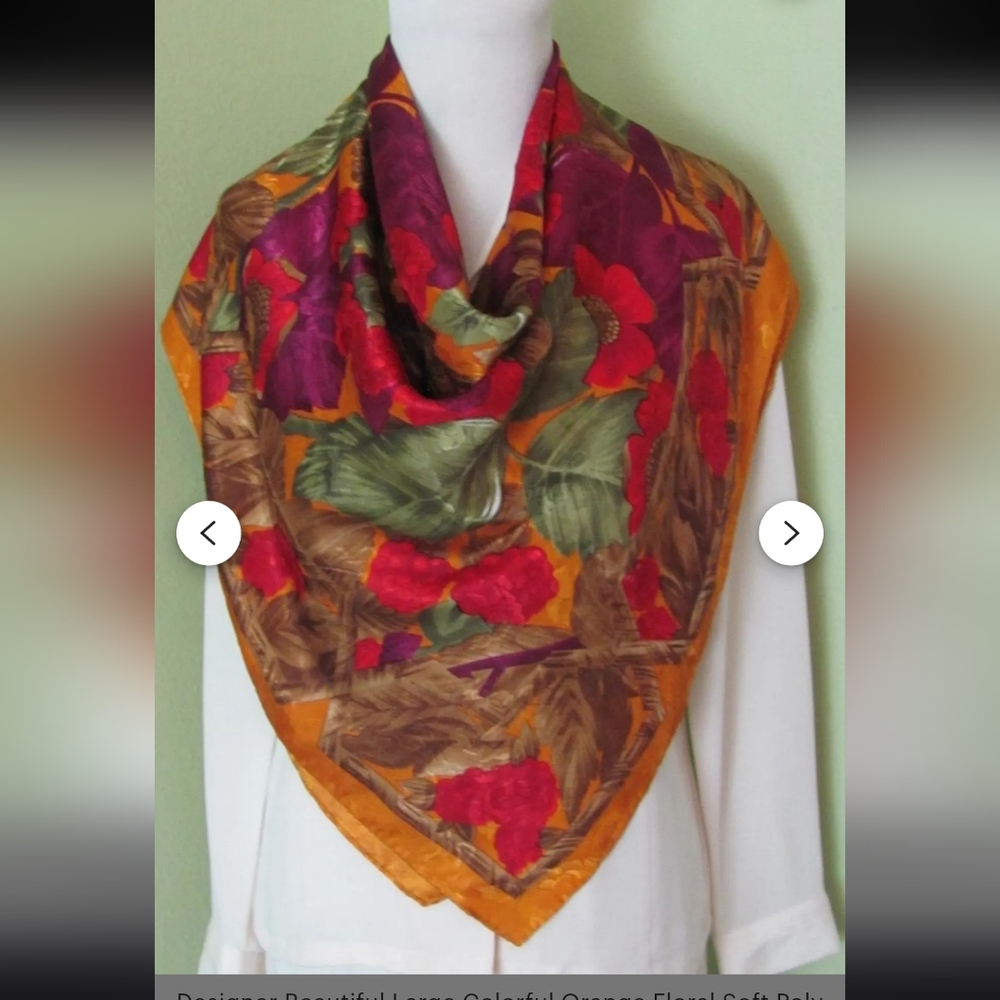 Designer Beautiful Large Colorful Orange Floral Soft Poly Scarf // 34" Inch